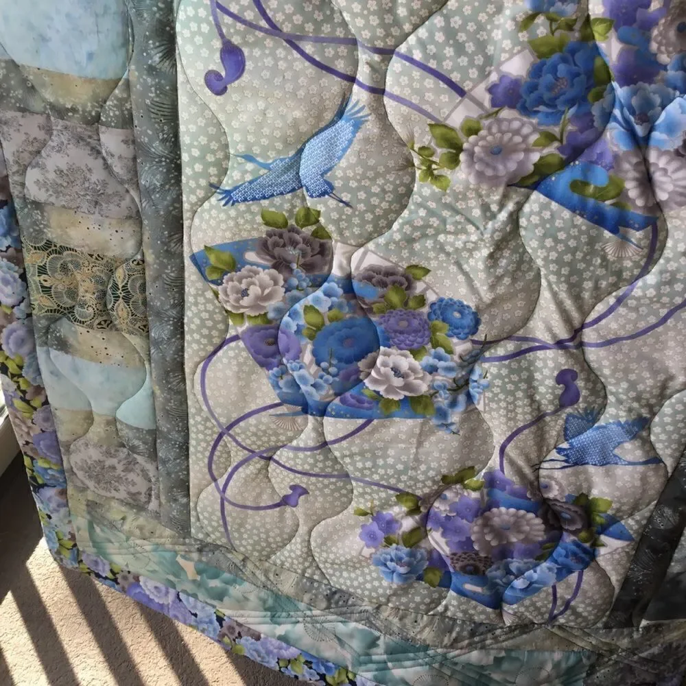 NWT Hand Crafted Quilt in Oriental Prints of Blues and Aquas With Cranes